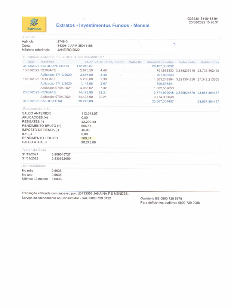 Extratos 2022 Investimento 34308 | PDF