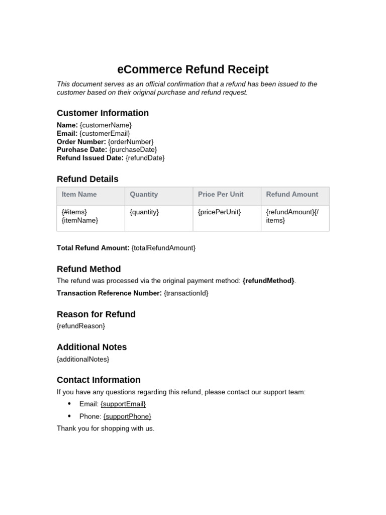 eCommerce Refund Confirmation Receipt | PDF
