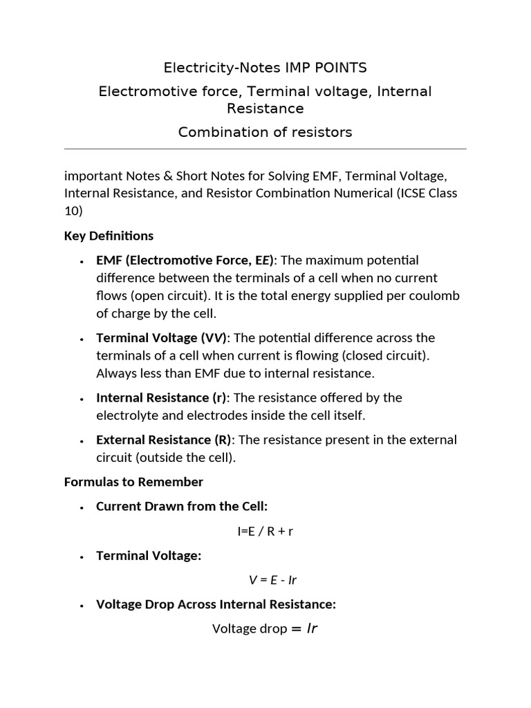 EMF, Voltage & Resistor Notes for ICSE | PDF | Voltage | Electronic ...