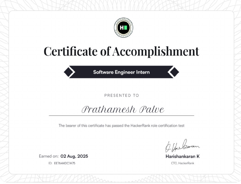 Software Engineer Intern Certificate | PDF