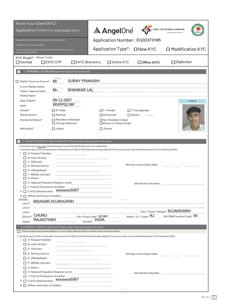 KYC Application Form for Individuals | PDF | Identity Document | Stocks