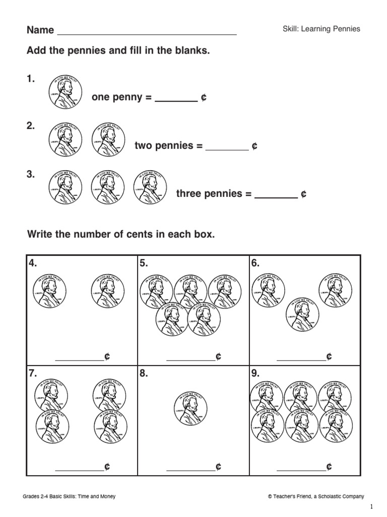 Learning Pennies Worksheet for Grades 2-4 | PDF