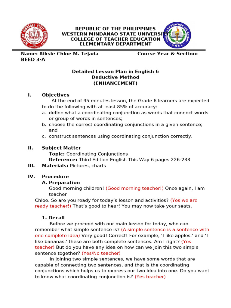 FS2 LESSON PLAN (Coordinating Conjunctions) | PDF | Cognitive Science ...