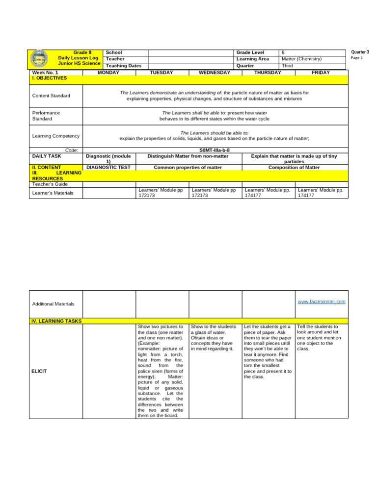 Grade 8 Chemistry Lesson Plan: Matter | PDF | Matter | Evaporation