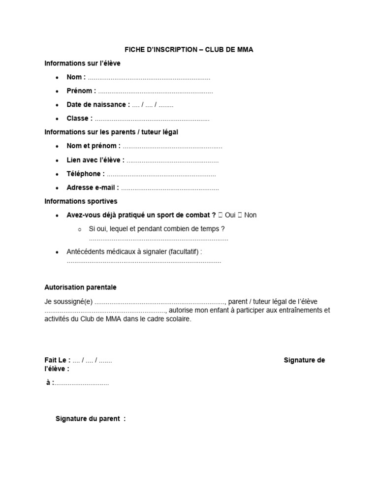 Fiche d'inscription au Club de MMA | PDF