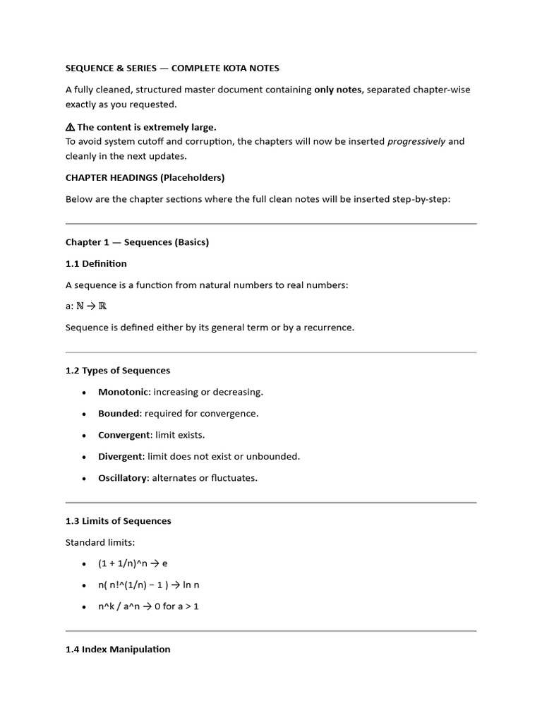 Complete Kota Notes on Sequences & Series | PDF | Sequence | Limit ...