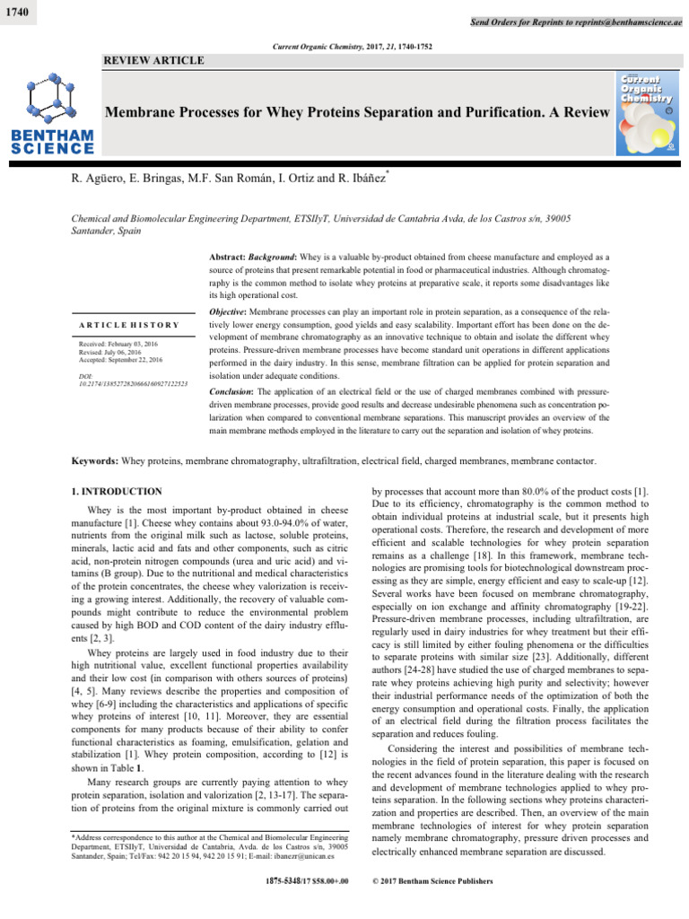 Membrane Techniques for Whey Protein Separation | PDF | Membrane ...