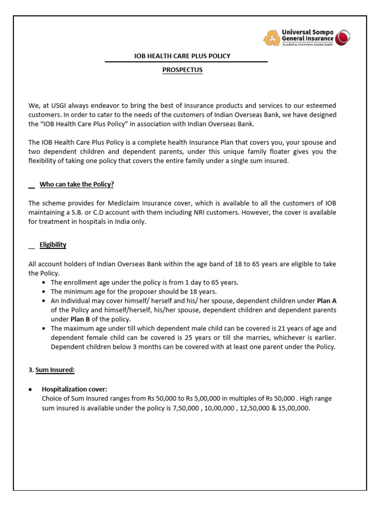IOB Health Care Plus Policy Overview | PDF | Insurance | Hospital