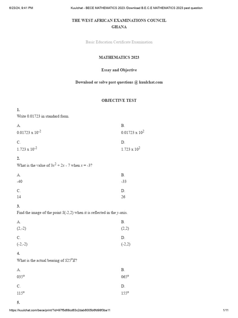 BECE 2023 Mathematics Past Questions | PDF | Geometry | Elementary Geometry