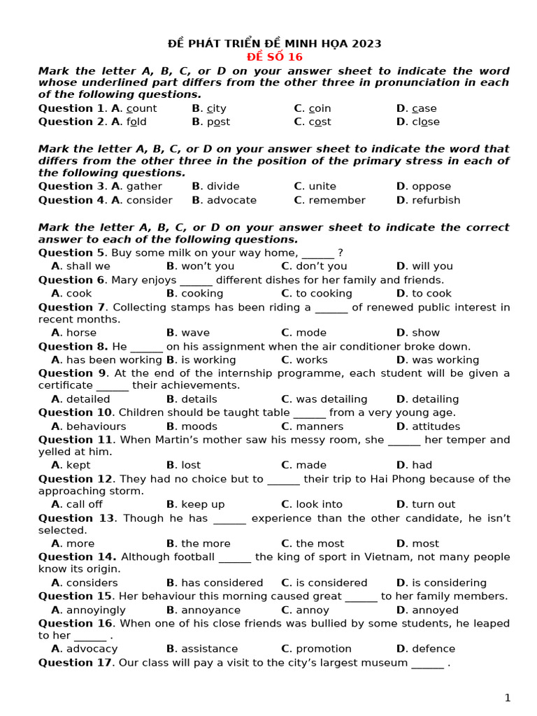 English Language Practice Test 2023 | PDF
