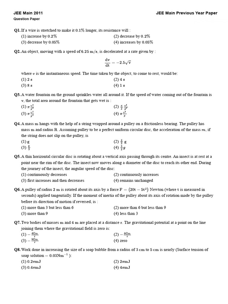 JEE Main 2011 Physics Question Paper | PDF | Coordination Complex ...
