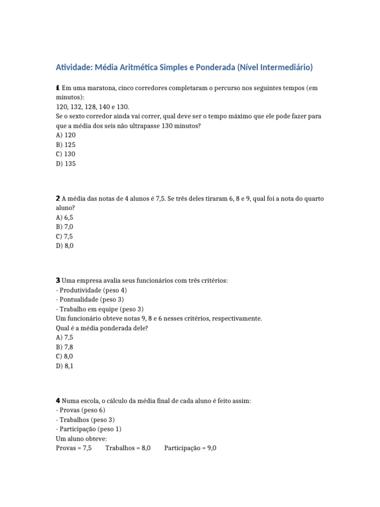 Média Aritmética: Exercícios e Questões | PDF