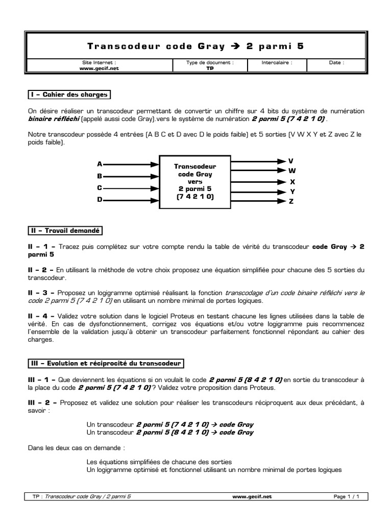 Transcodeur Gray vers 2 parmi 5 : TP | PDF | Technologie numérique ...