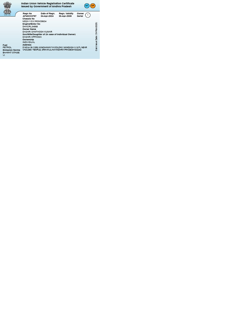 Andhra Pradesh Vehicle Registration Certificate | PDF