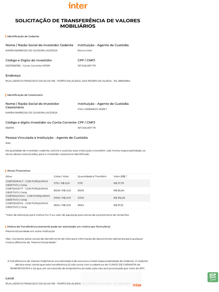 Solicitação de Transferência de Valores Mobiliários | PDF | Conta de ...