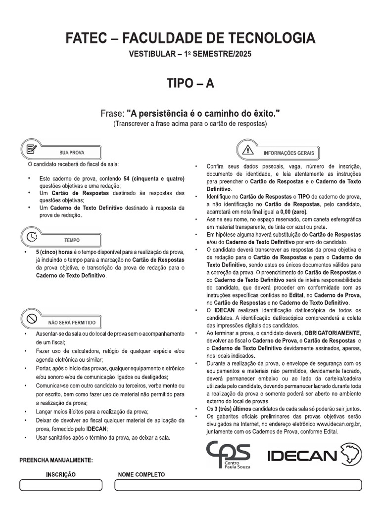 Tipo Prova A Fatec Primeiro Semestre 2025 | PDF