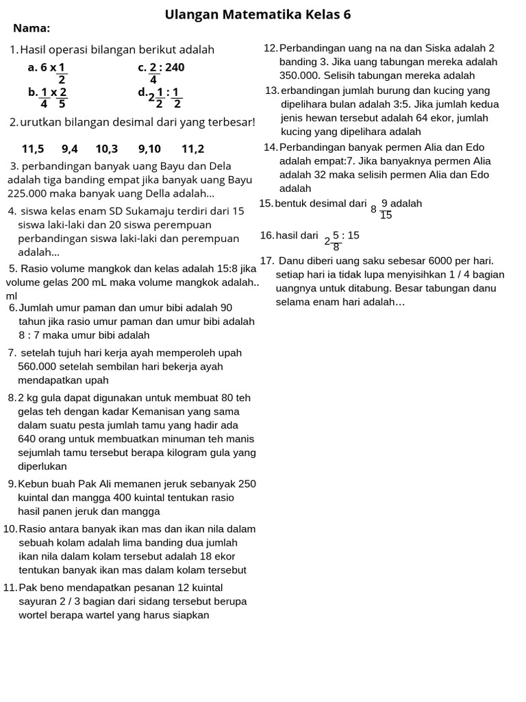 Ulangan Matematika Kelas 6: Soal dan Rasio | PDF