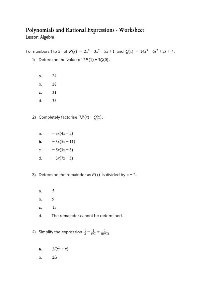 Algebra - Polynomials and Rational Expressions Answer Key-1 | PDF ...