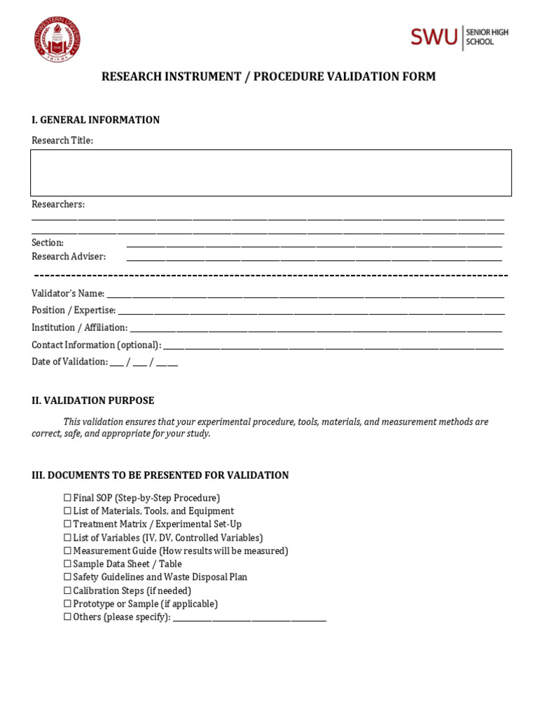 Instrument Procedure Validation Form (1) | PDF | Measurement | Validity ...