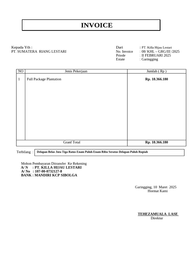 Invoice Pembayaran PT Killa Hijau Lestari | PDF