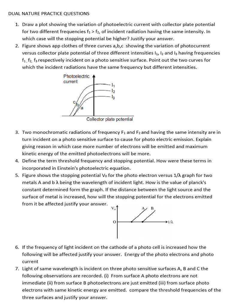 Dual Nature of Light Practice Questions | PDF | Photoelectric Effect ...