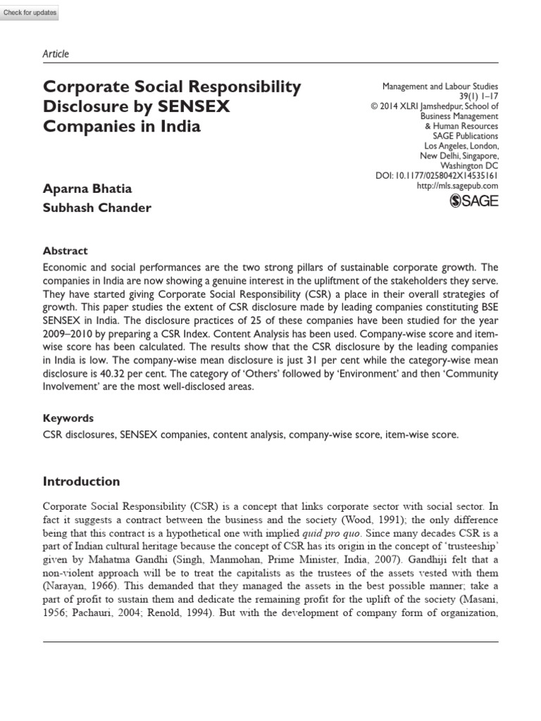 CSR Disclosure in SENSEX Companies | PDF | Corporate Social Responsibility