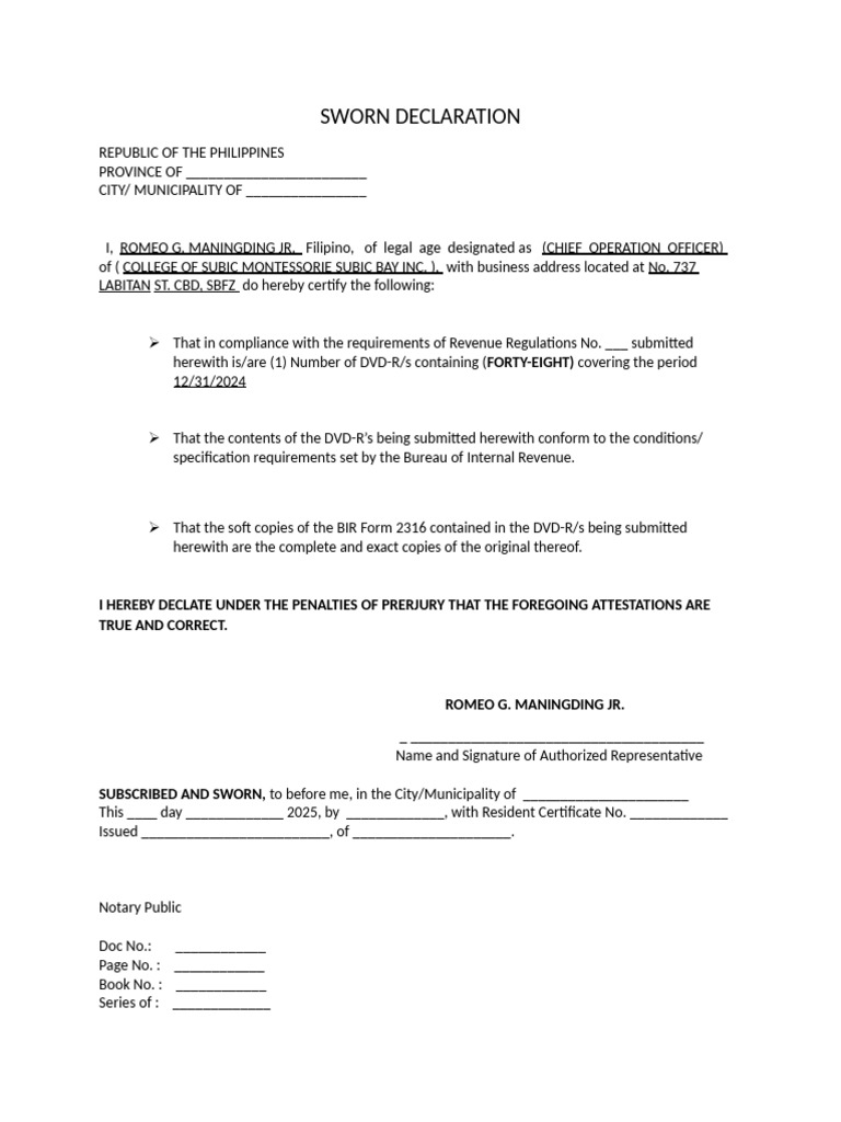 Sworn Declaration for BIR Compliance | PDF