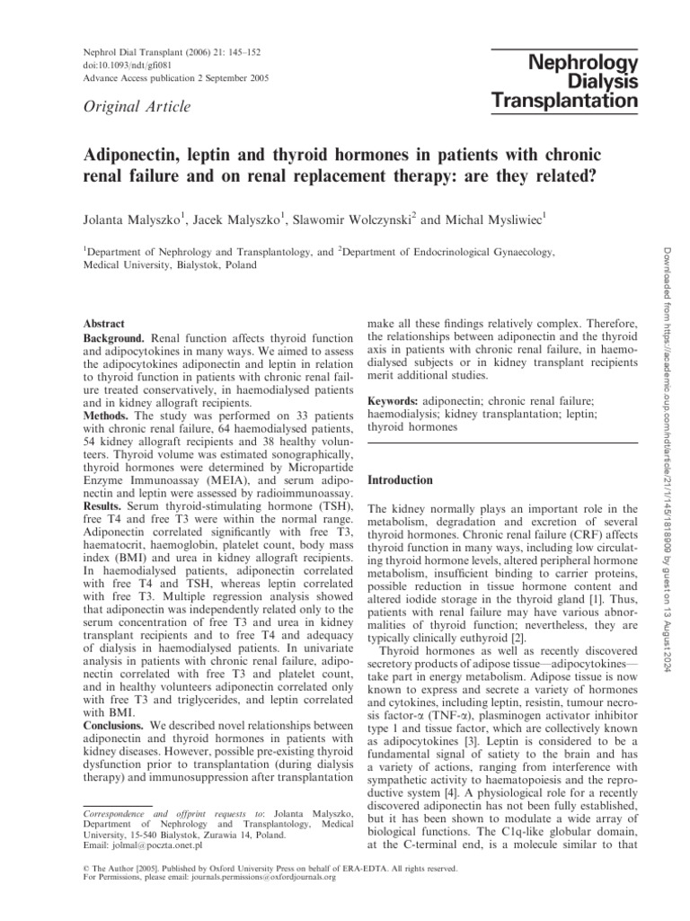 Adiponectin Leptin and Thyroid Hormones in Patients With CKD | PDF ...