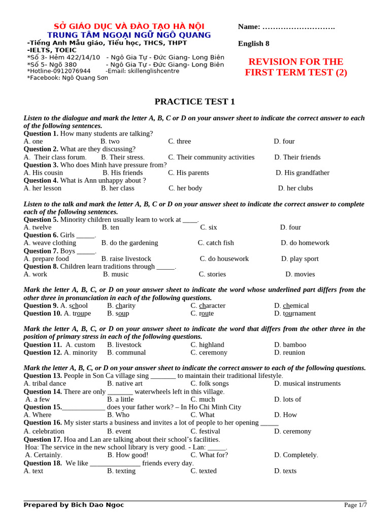 English 8 First Term Test Revision | PDF