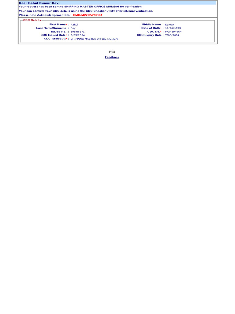 CDC Verification Details for Rahul Roy | PDF