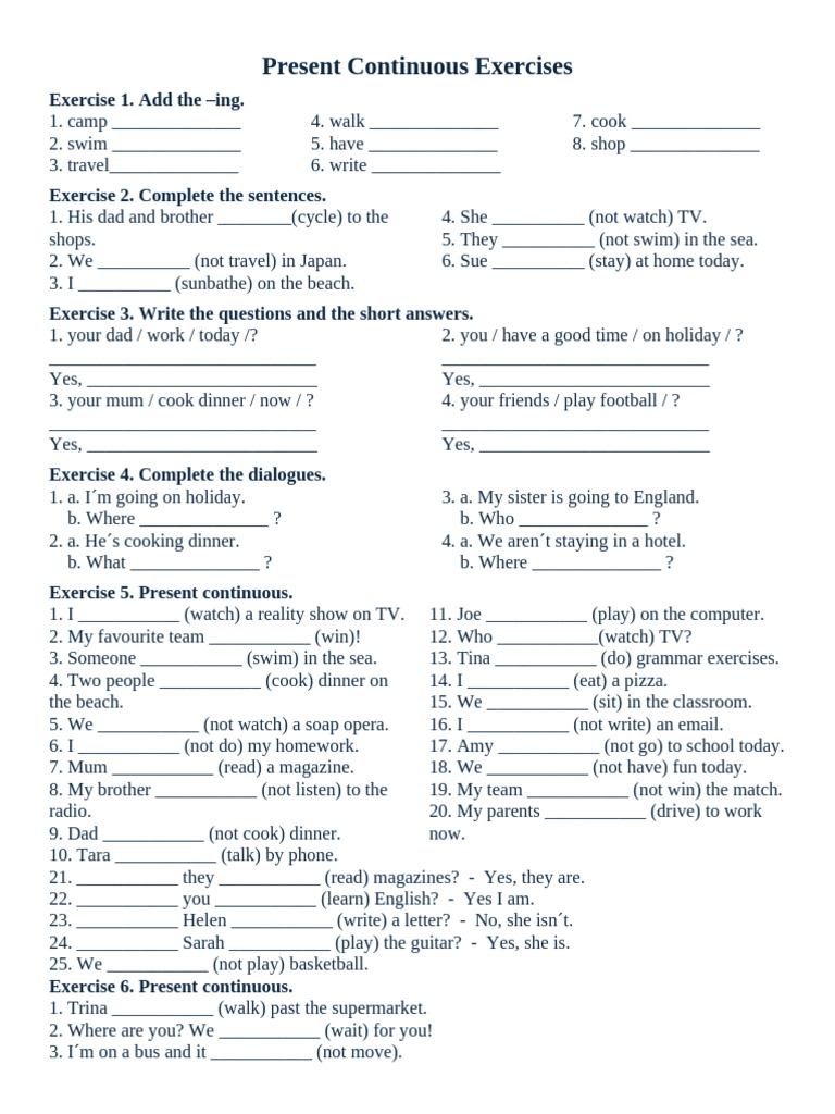 Present Continuous Exercises | PDF | Linguistics