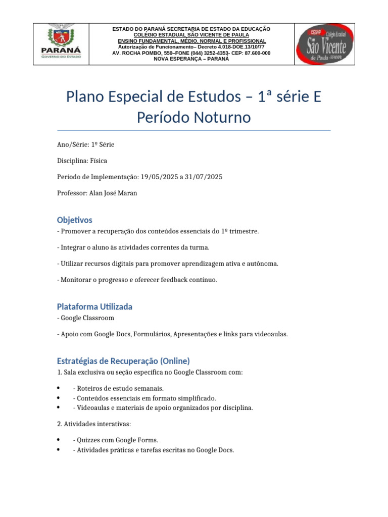 Plano de Estudos Online para Física 1º Ano | PDF | Pedagogia | Lição