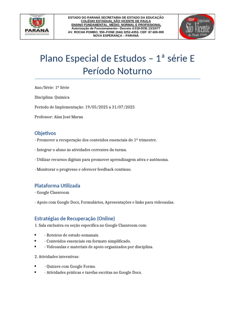 Plano de Estudos Noturno: Química 1º Ano | PDF | Pedagogia | Lição