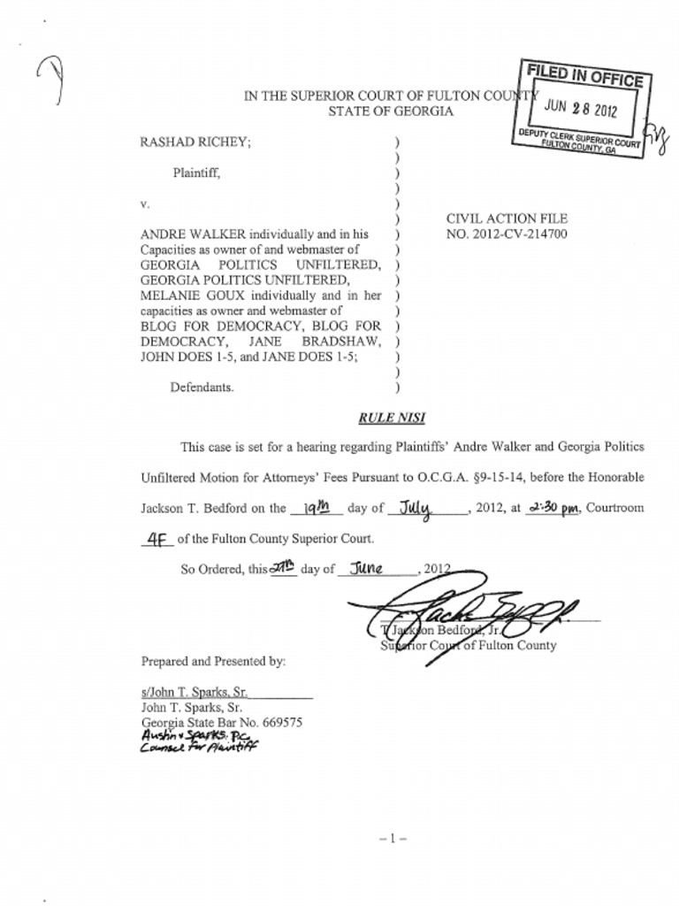 Rule Nisi for ATTY FEES July 19 at 230