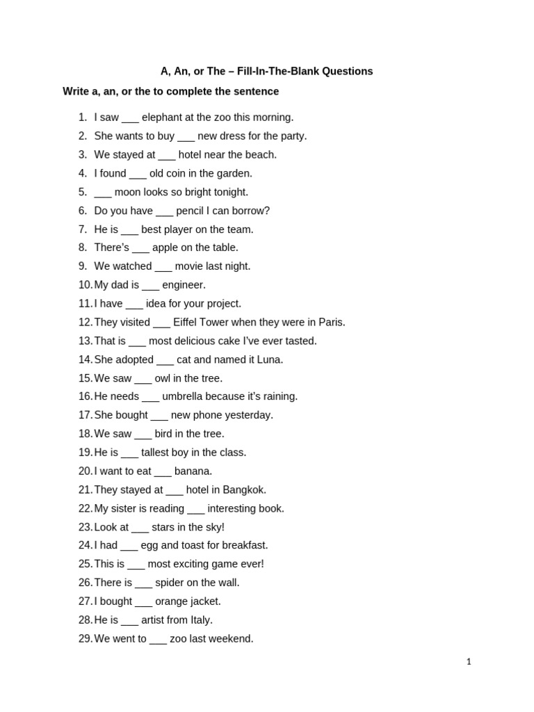 A, An, Or the – Fill-In-The-Blank Questions 2 | PDF | Chess Theory | Chess
