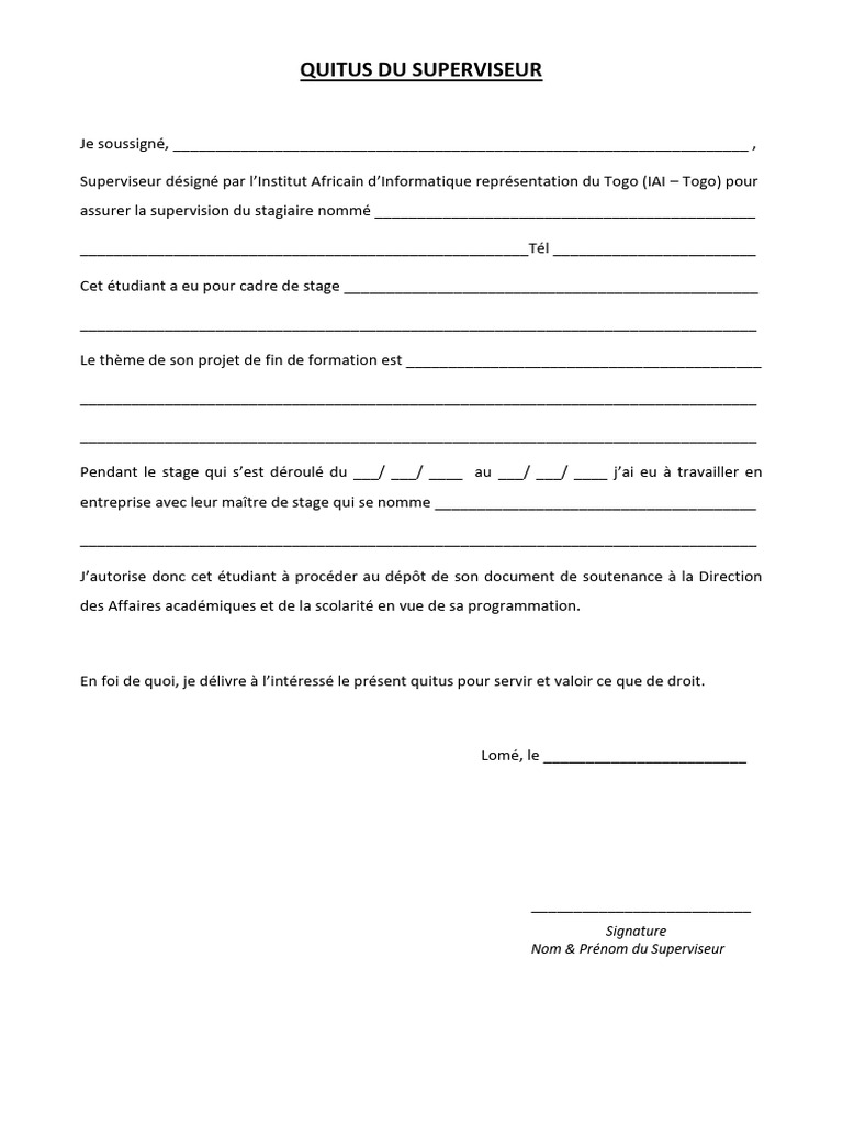Quitus de Supervision de Stage IAI Togo | PDF