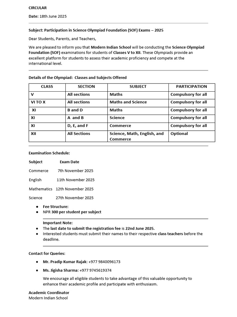 SOF Exams 2025 Participation Details | PDF