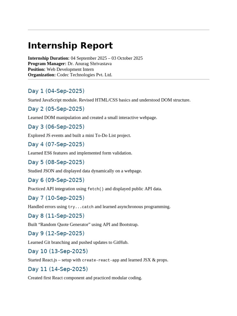 Web Development Internship Report | PDF | Document Object Model | Web ...