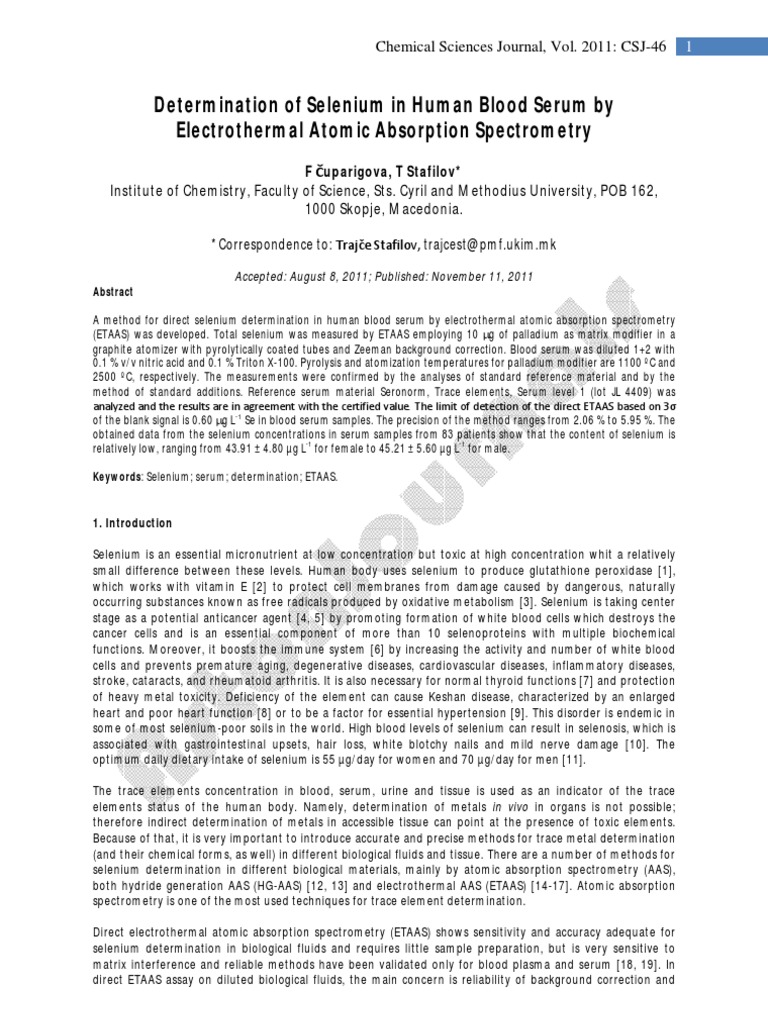 Selenium Detection in Blood Serum via ETAAS | PDF