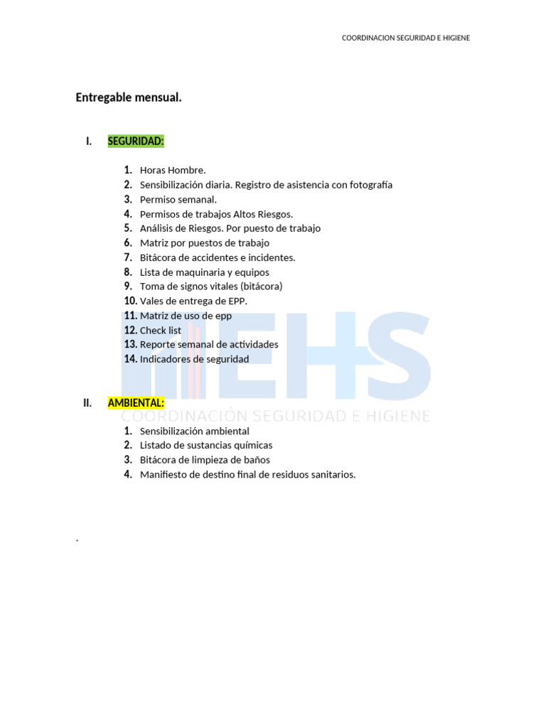 Informe Mensual de Seguridad y Higiene | PDF