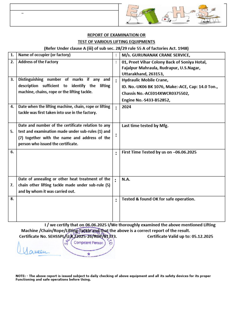 Lifting Equipment Examination Report | PDF | Chess Openings | Chess Theory