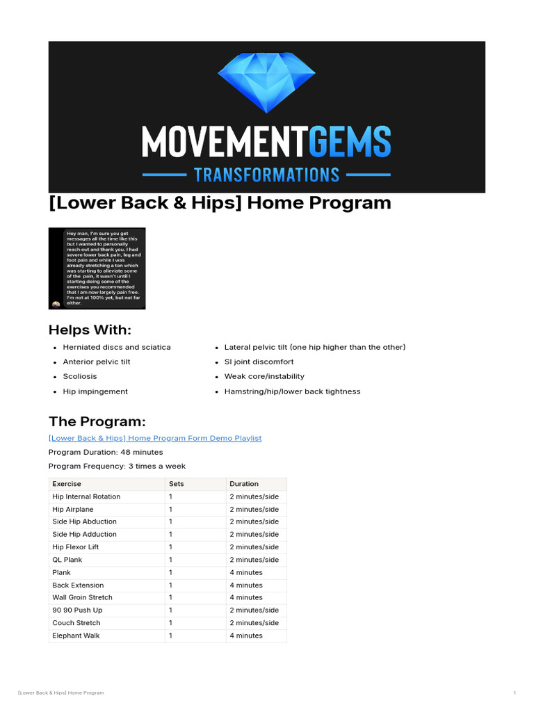 Lower Back & Hips Home Exercise Program | PDF | Anatomical Terms Of ...