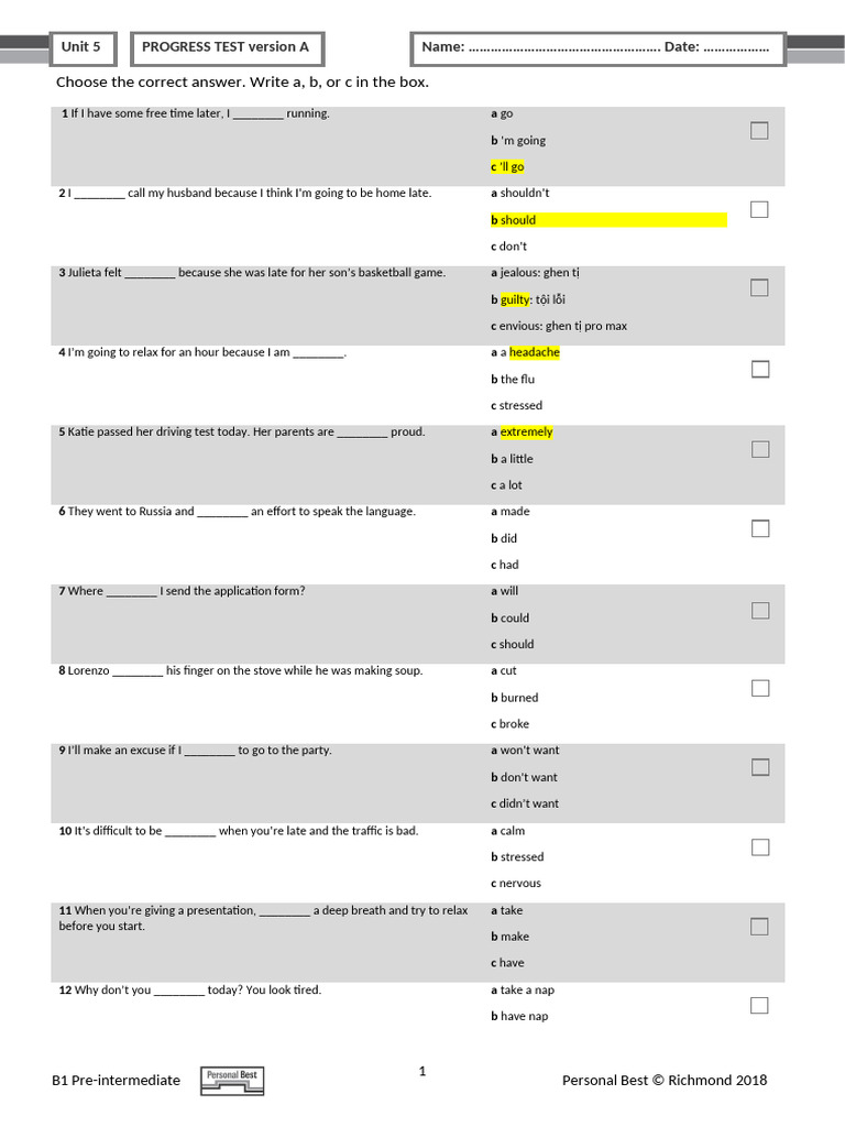 B1 Pre-Intermediate Progress Test A | PDF