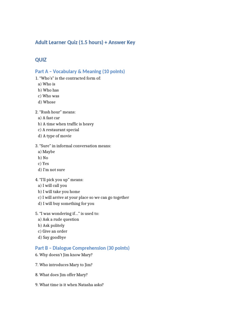 Adult Learner Quiz with Answer Key | PDF
