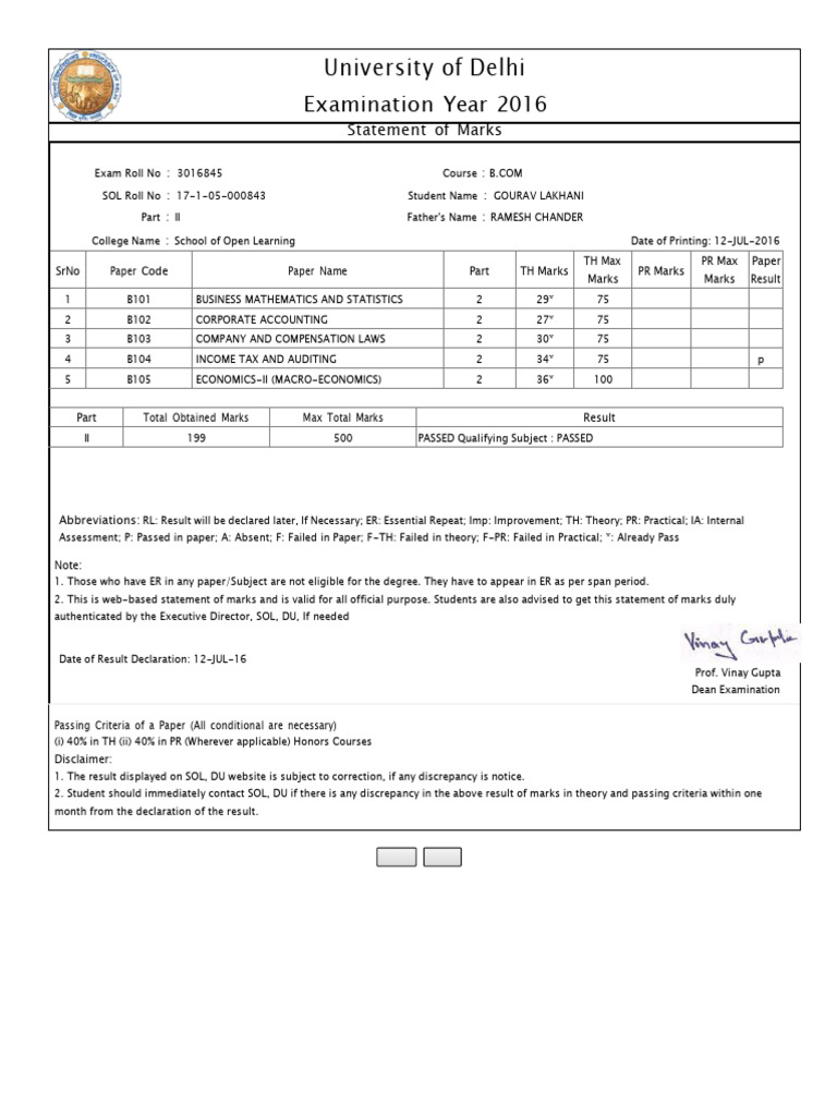 Delhi University B.Com Marksheet 2016 | PDF