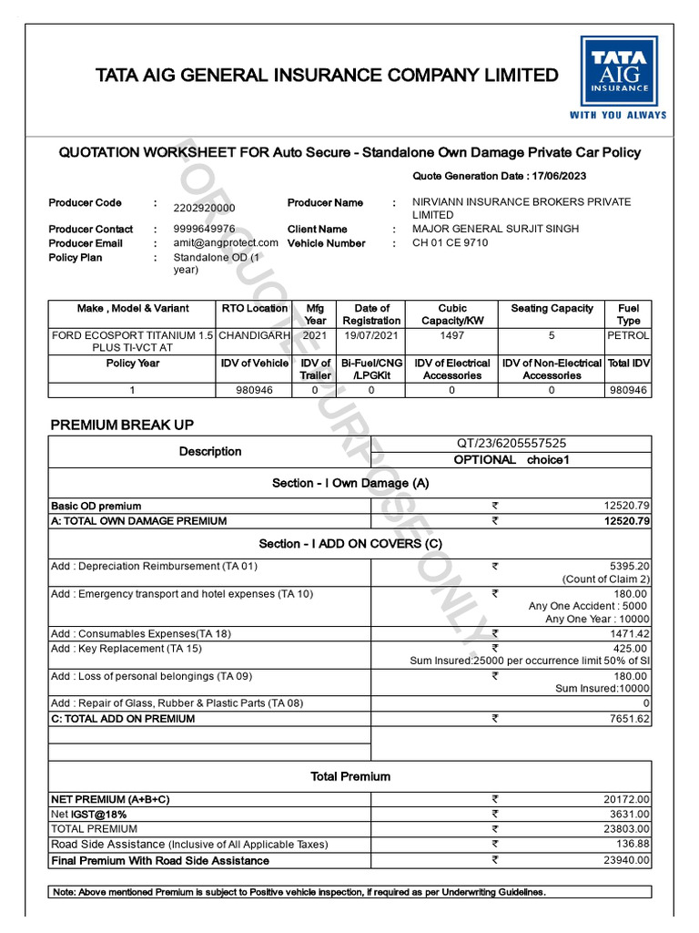 TATA AIG Car Insurance Quote Summary | PDF | Insurance | Vehicles