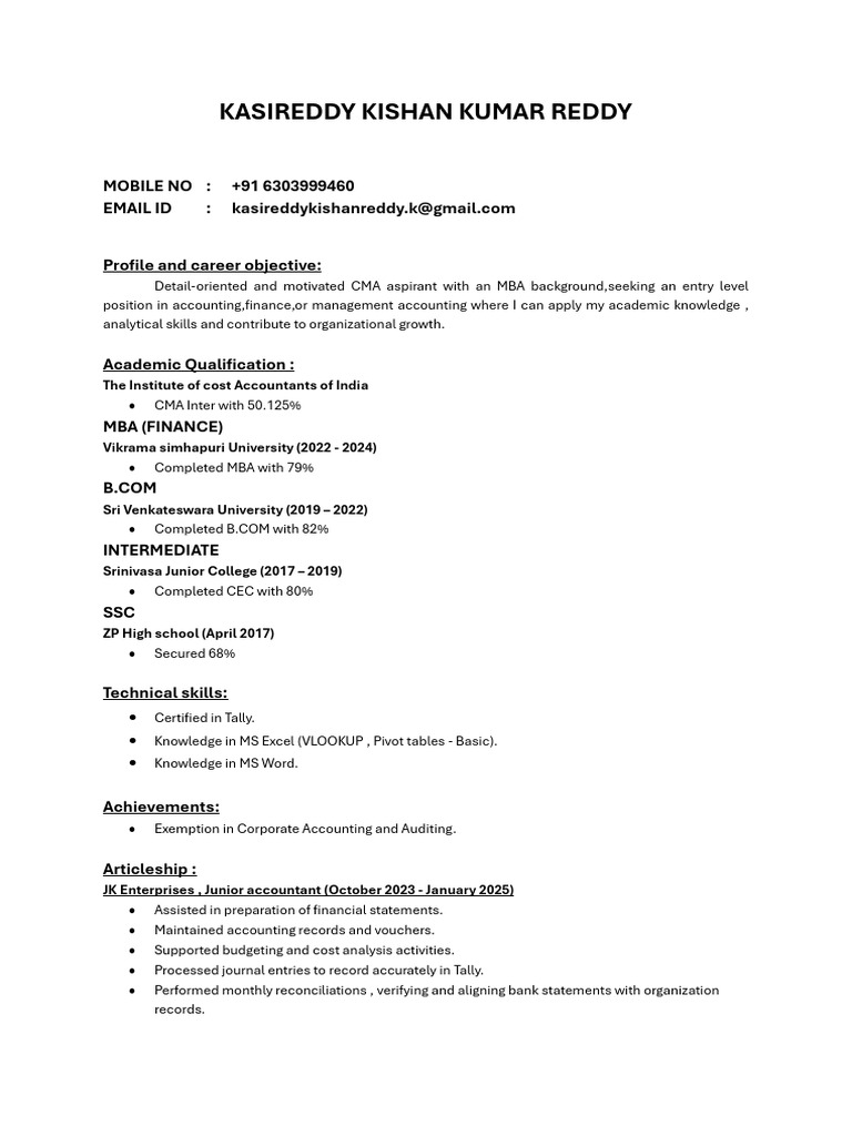 Kishan Kumar Reddy Resume | PDF