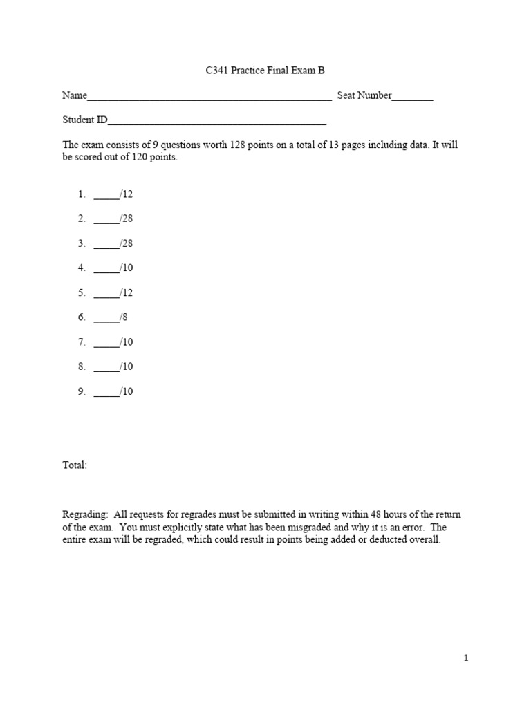 C341 Practice Final Exam B Overview | PDF | Chemical Reactions | Acid ...