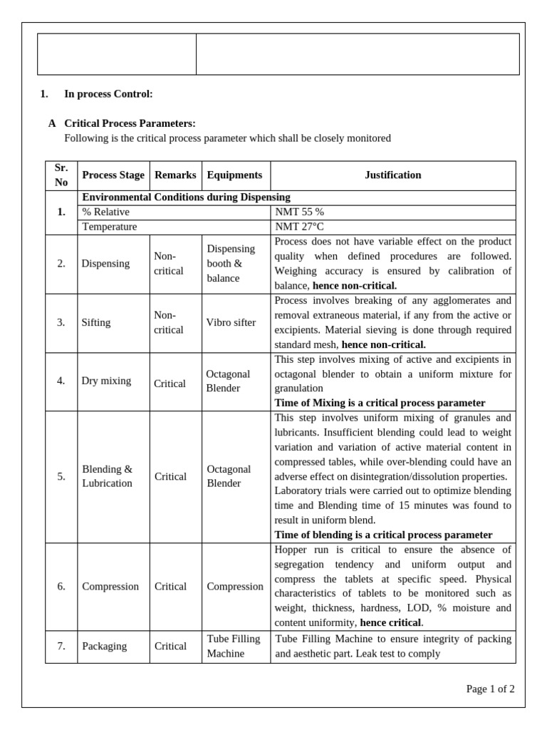 Critical Process Parameters in Manufacturing | PDF | Tablet (Pharmacy)