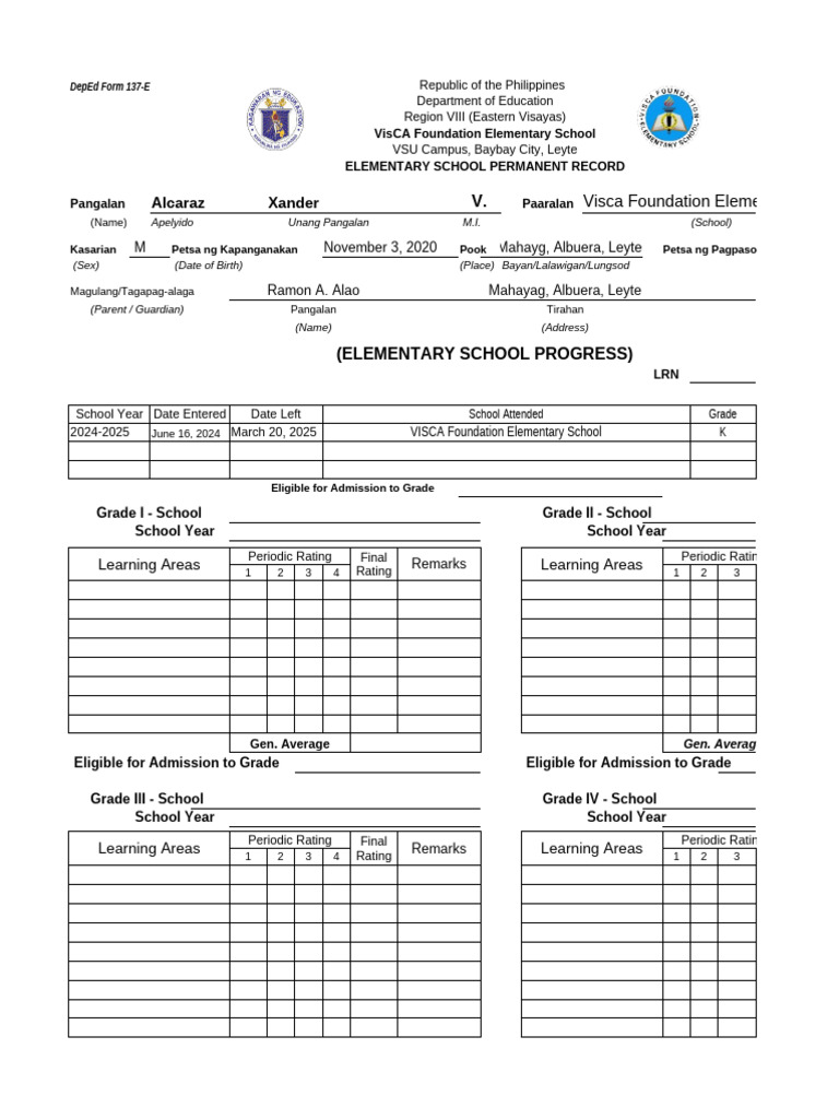 DepEd Form 137-E: Student Record | PDF